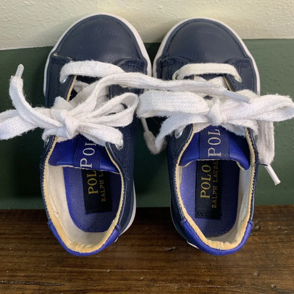 Polo Ralph Lauren Toddler Shoes US sz 5 Blue & White Pony Faux Leather Lace Up